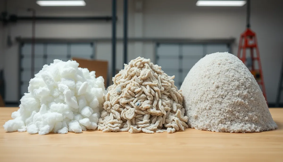Trois tas de matériaux isolants côte à côte : laine de verre blanche, ouate de cellulose grise et laine de roche dense