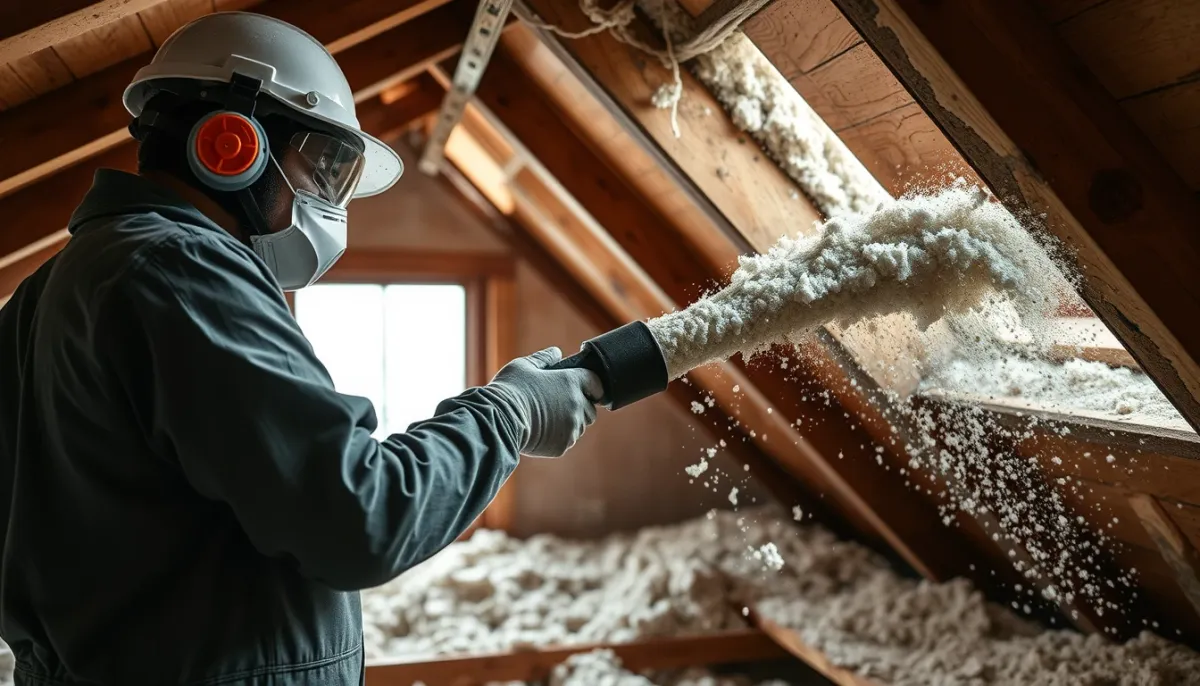 Professionnel en combinaison de protection soufflant de l'isolant dans des combles perdus