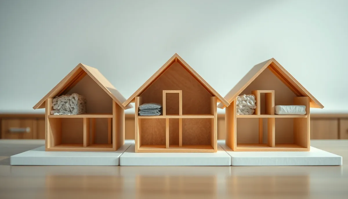 Maquettes de coupes de combles montrant trois types d'isolation différents pour comparaison