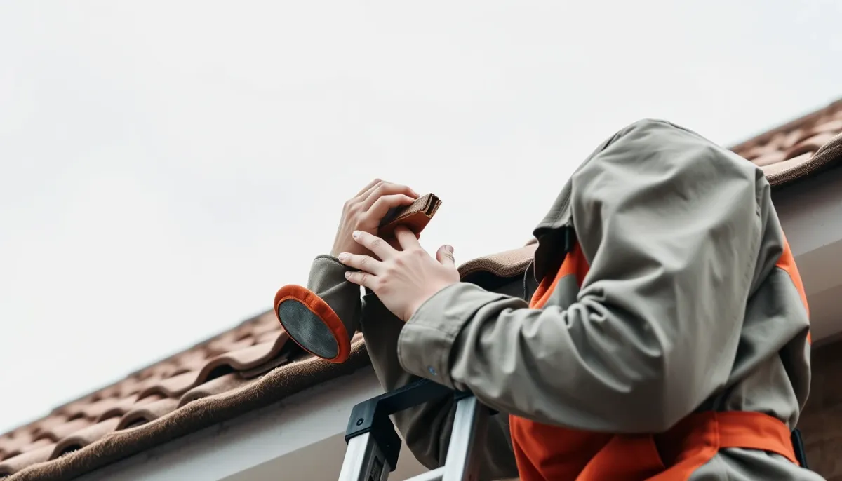 Couvreur inspectant une toiture en tuiles pour détecter une fuite