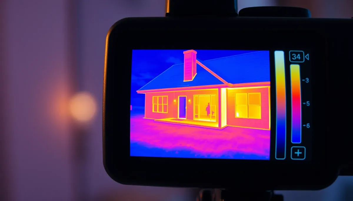 Écran de caméra thermique montrant les déperditions de chaleur d'une maison