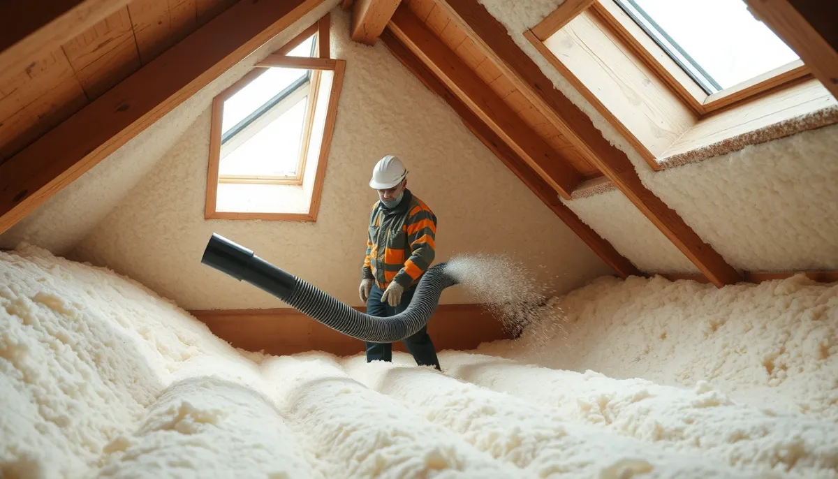 Artisan soufflant de la laine minérale dans des combles perdus pour une isolation homogène