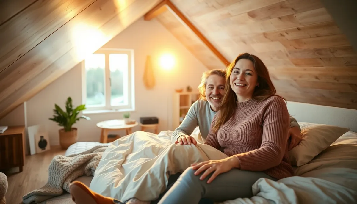 Couple dans des combles aménagés et isolés