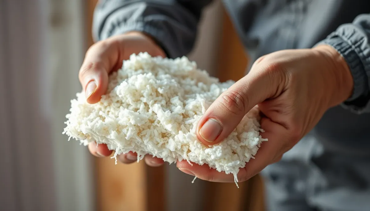 Gros plan sur un échantillon de ouate de cellulose tenu dans la main, montrant sa texture fibreuse
