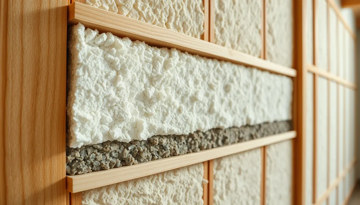 Coupe transversale d'un mur isolé avec de la ouate de cellulose, montrant les différentes couches