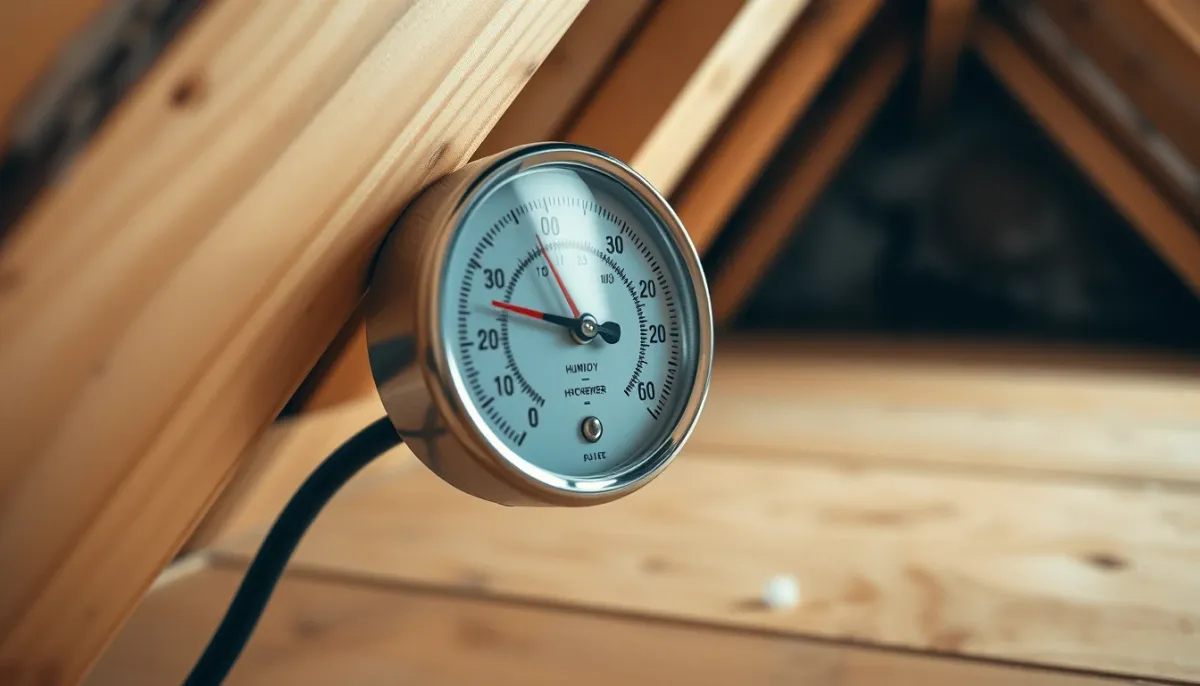 Hygromètre mesurant l'humidité dans des combles isolés à la ouate de cellulose