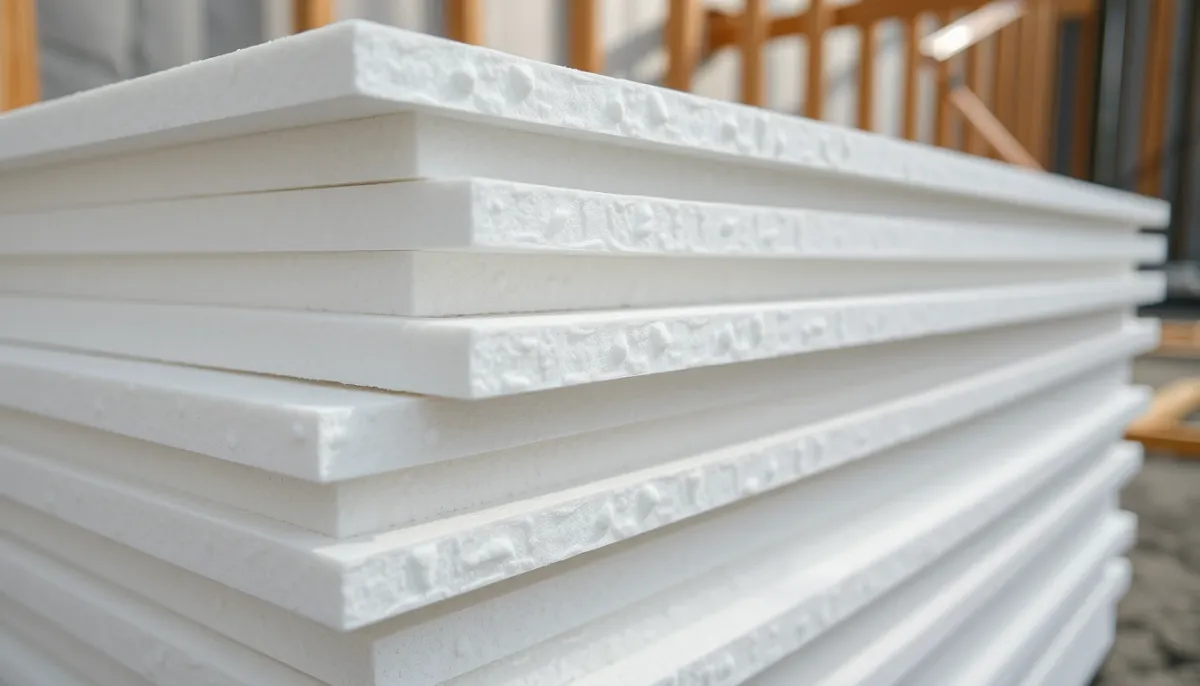 Panneaux de polystyrène expansé empilés sur un chantier, gros plan sur la texture alvéolaire