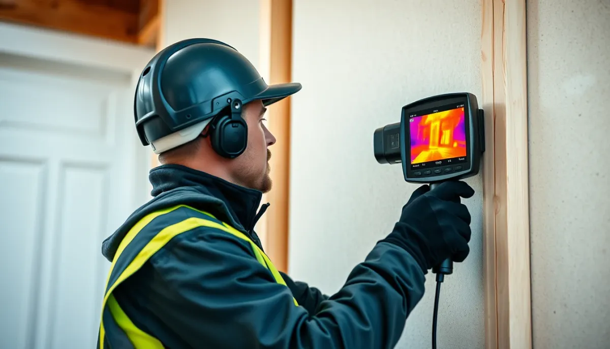 Un professionnel du bâtiment utilise une caméra thermique pour diagnostiquer les défauts d'isolation sur une façade.
