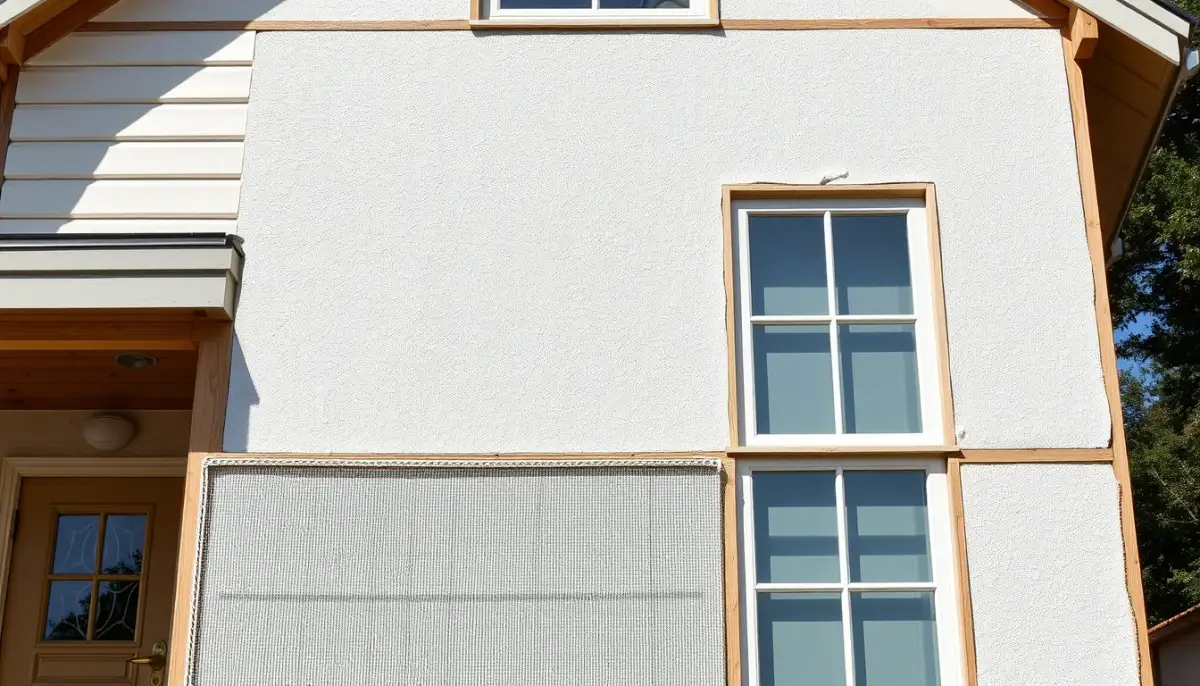 Isolation thermique par l'extérieur neuve et correctement posée sur une maison, avec enduit lisse et finition soignée.