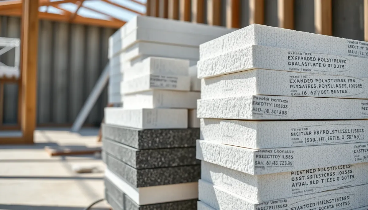 Panneaux isolants en polystyrène expansé (PSE) blanc et graphité empilés sur un chantier