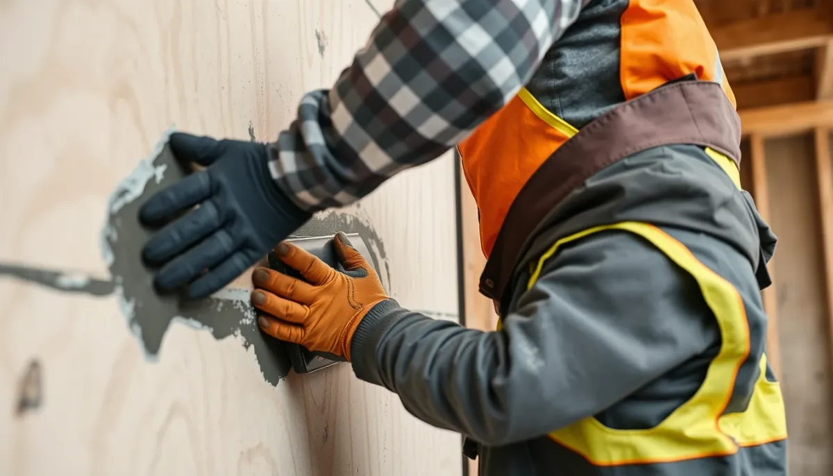 Applicateur posant un enduit de finition sur un panneau isolant dans le cadre d'une ITE Knauf