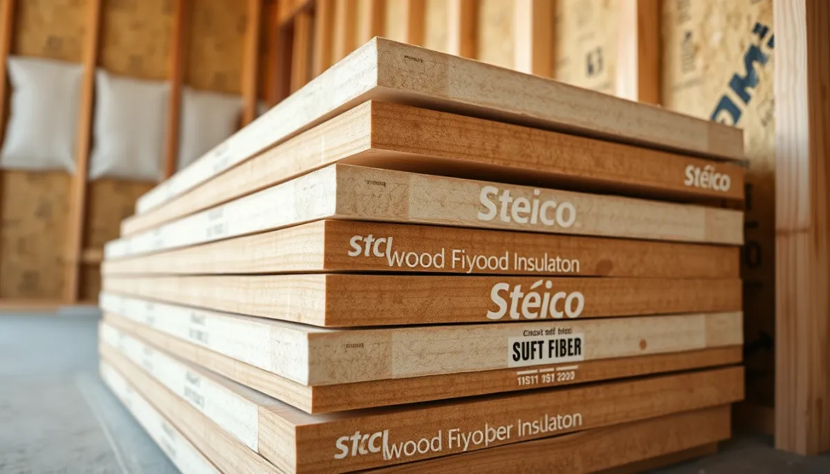 Panneaux de fibre de bois Steico empilés sur un chantier, montrant leur texture et leur épaisseur