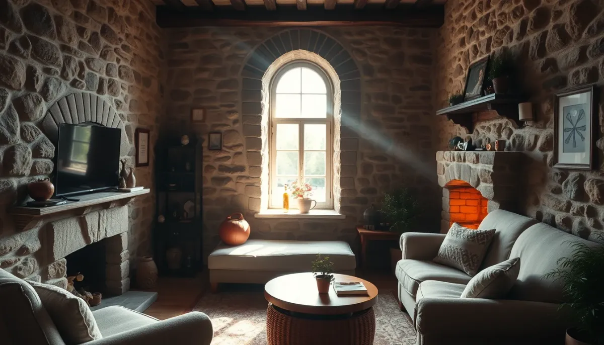 Intérieur confortable d'une maison en pierre avec une isolation en fibre de bois, baigné de lumière naturelle