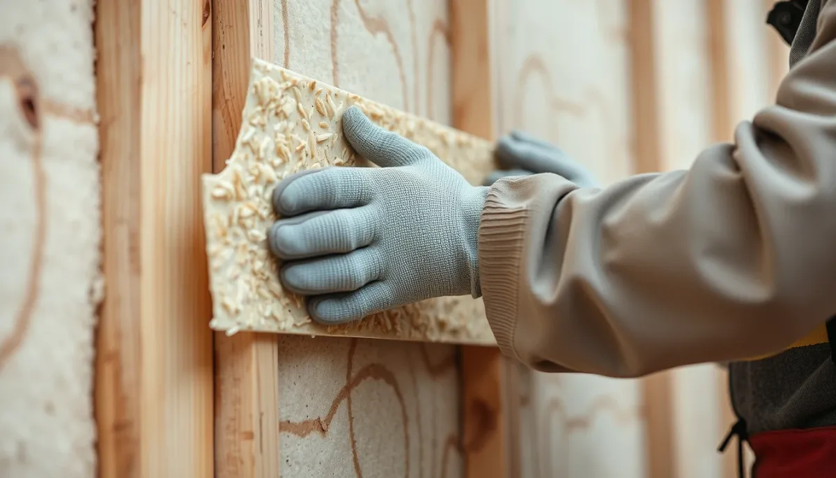 Artisan posant des panneaux de fibre de bois Steico sur un mur extérieur lors d'une ITE