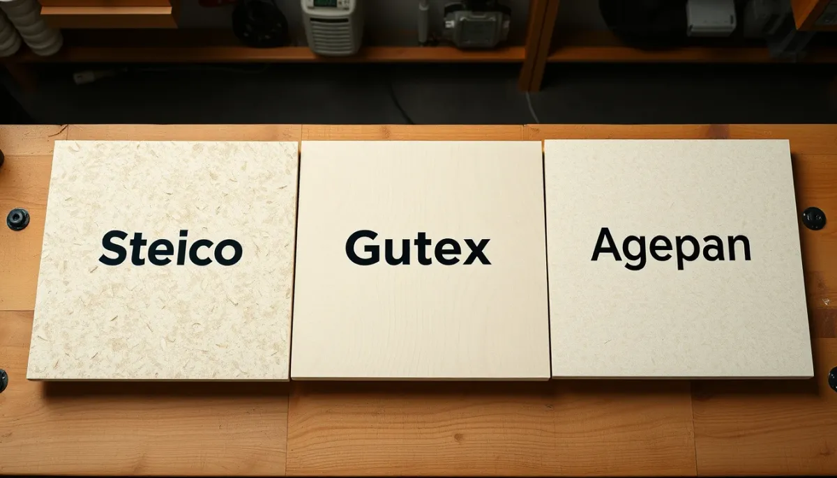 Comparatif de trois panneaux isolants en fibre de bois : Steico, Gutex et Agepan, posés côte à côte