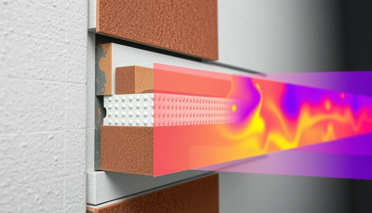 Coupe technique d'un mur avec ITE montrant les couches et les ponts thermiques