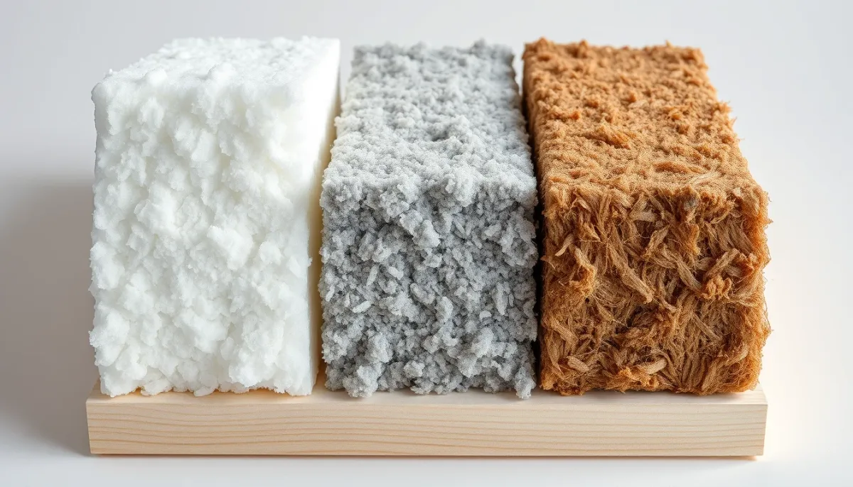 Comparaison en coupe de trois matériaux isolants : polystyrène, laine de roche et fibre de bois