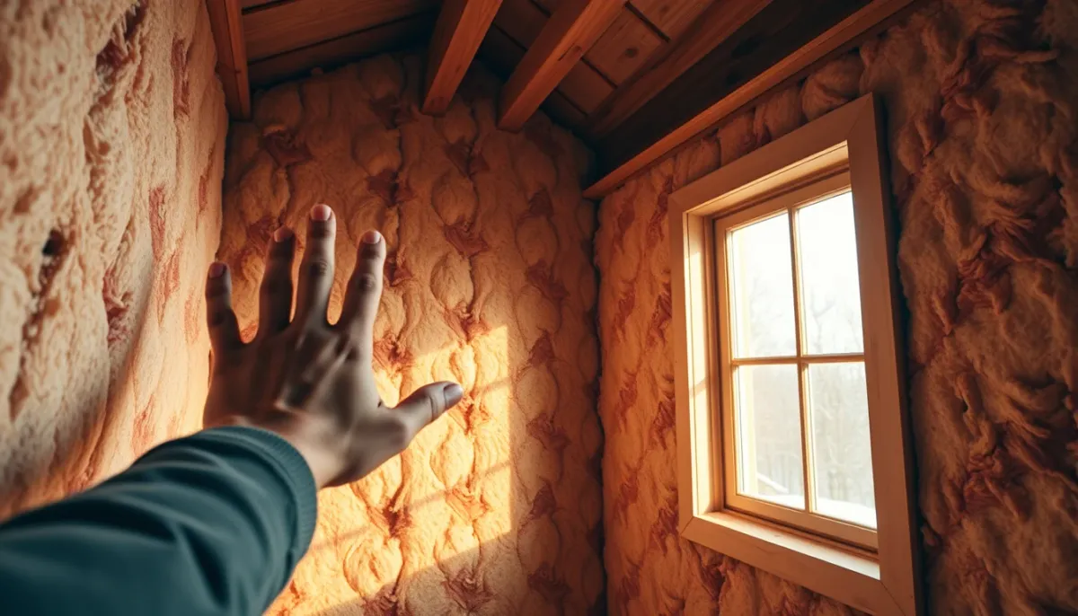 Intérieur confortable avec isolation en fibre de bois, main touchant un mur chaud