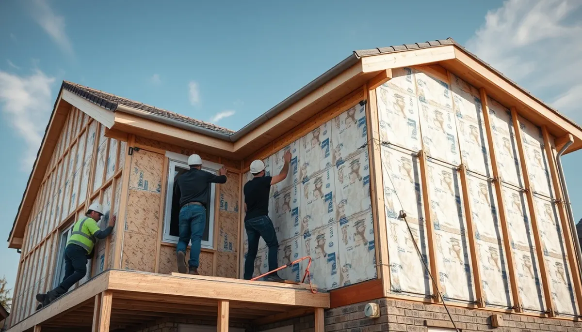 Pose de panneaux isolants sur une façade lors de travaux d'isolation extérieure