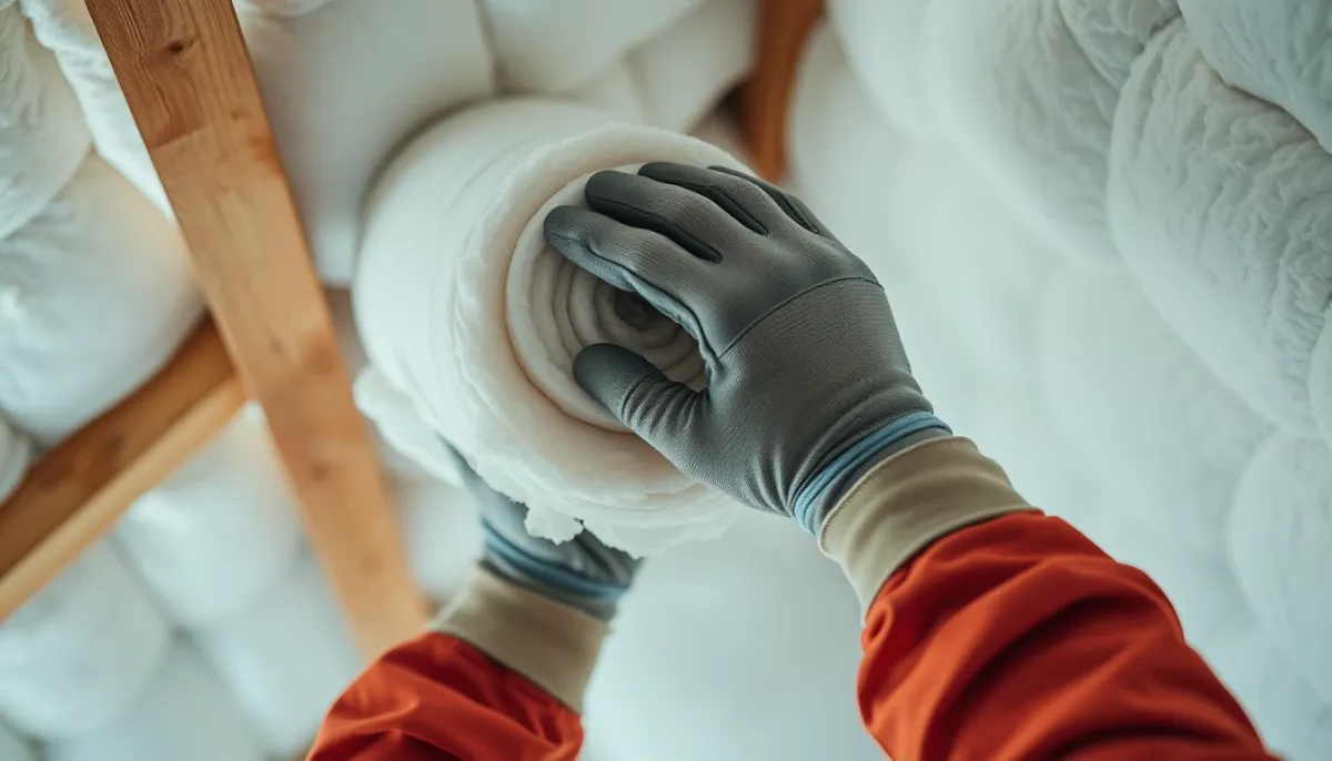 Artisan déroulant de la laine de verre dans des combles pour l'isolation
