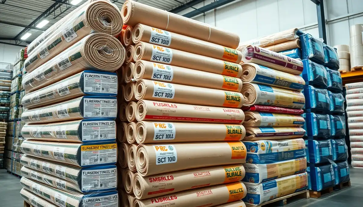 Rouleaux de laine de verre de différentes épaisseurs exposés en magasin