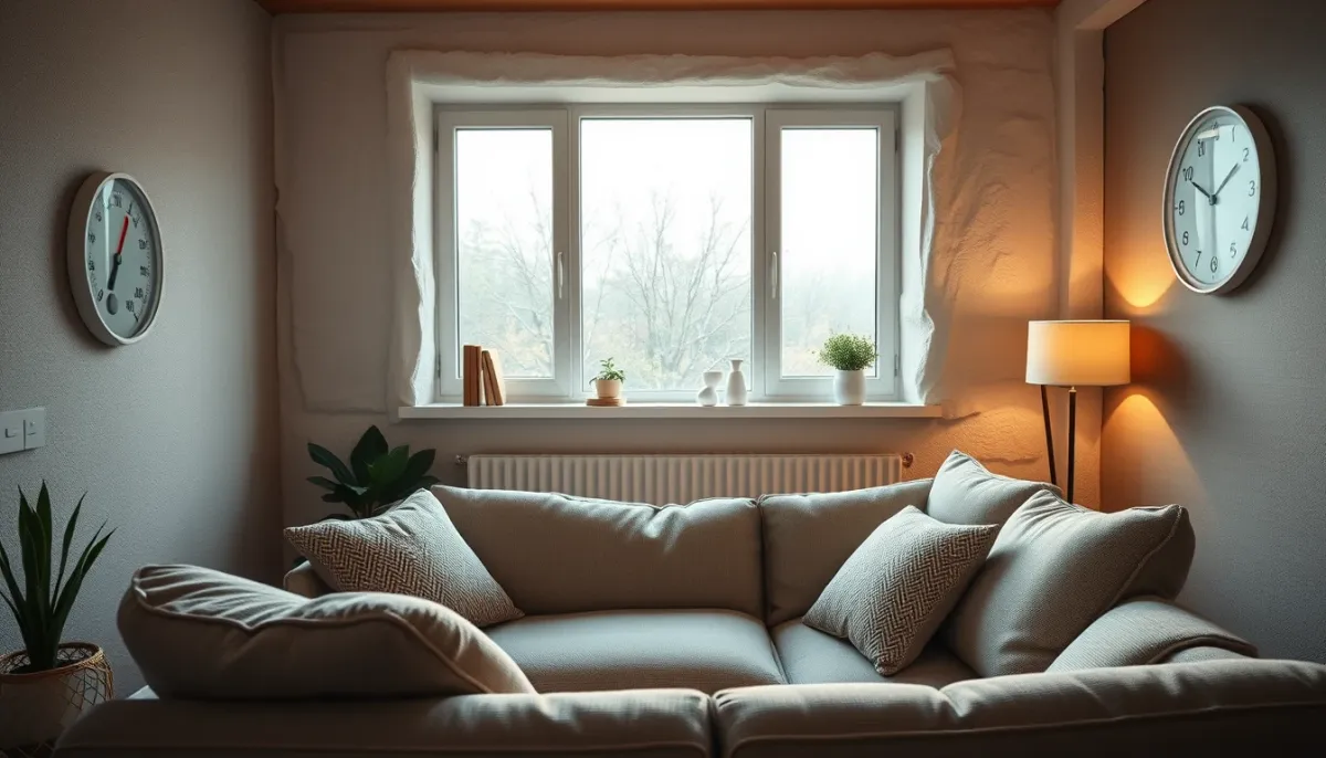 Salon confortable après isolation thermique des murs par l'intérieur, avec une température agréable