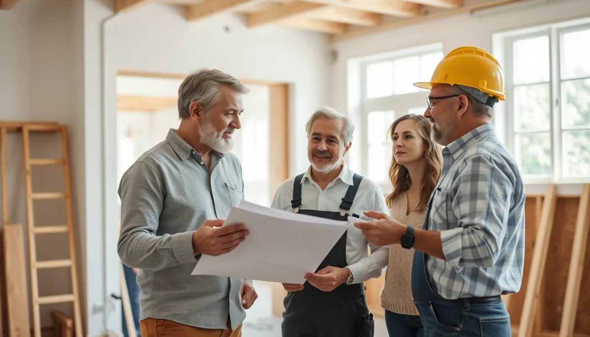 Propriétaires discutant des options d'isolation thermique des murs par l'intérieur avec un artisan