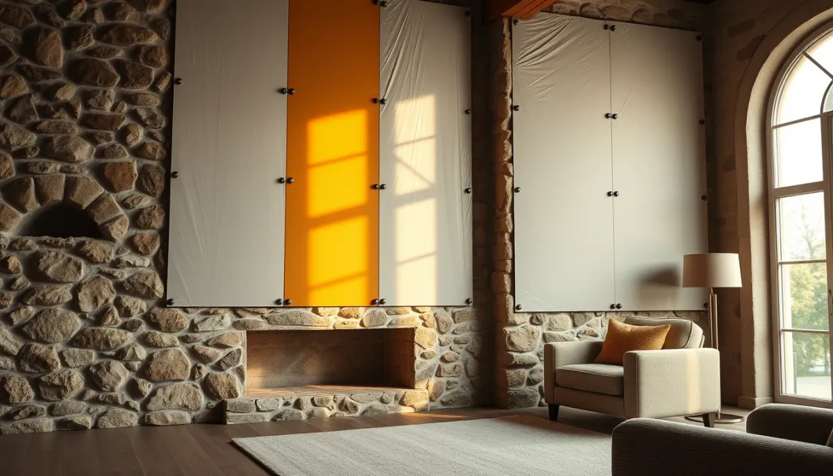 Intérieur d'un salon avec mur en pierre et isolation en laine de verre en cours de pose
