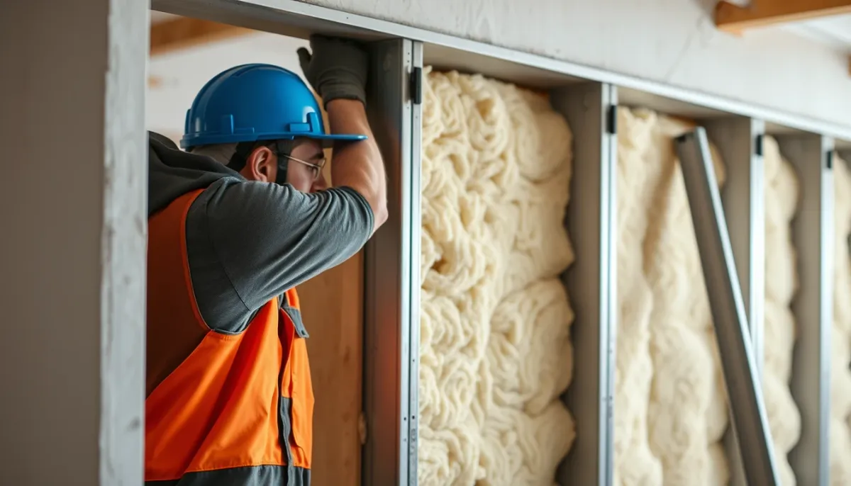 Artisan installant une contre-cloison phonique avec ossature métallique et laine minérale