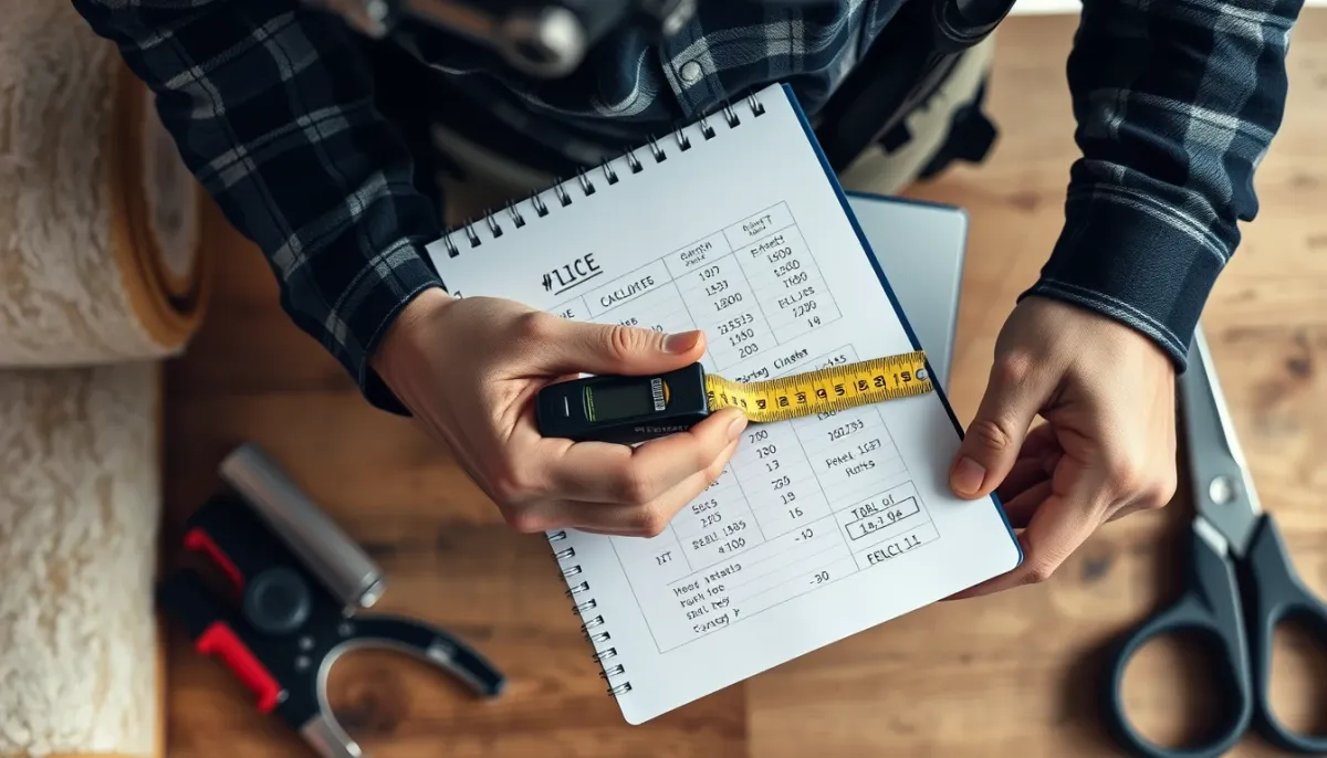 Mains d'un artisan calculant le prix de la laine de verre sur un chantier