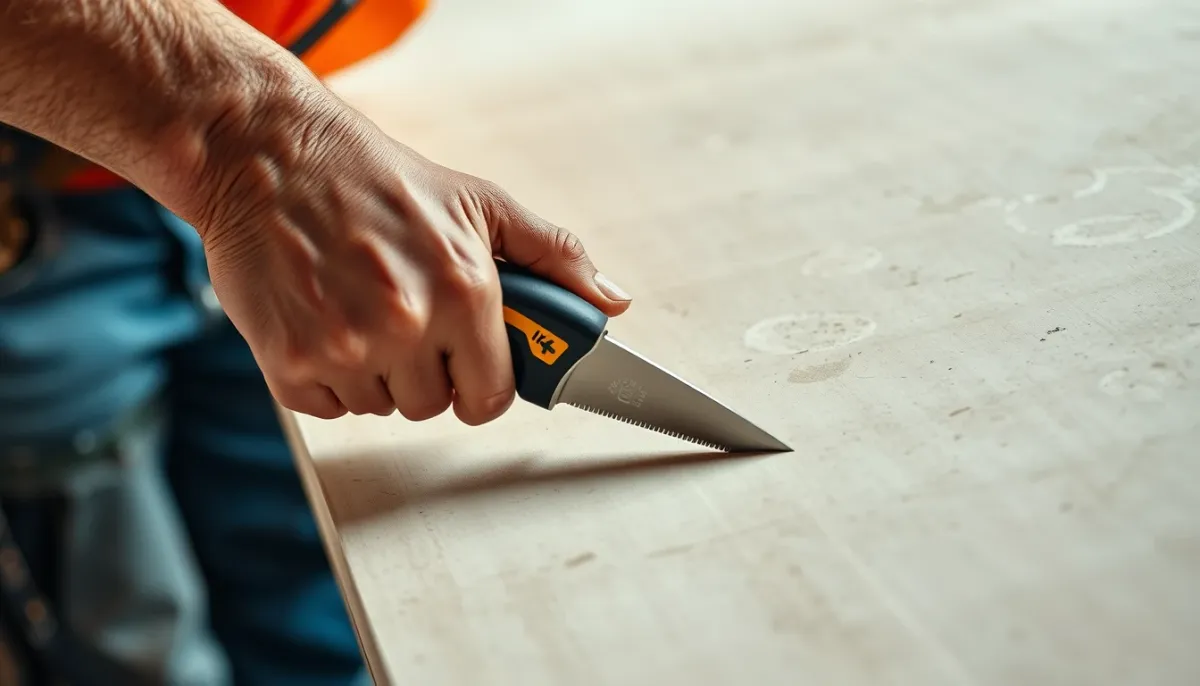Plaquiste découpant une plaque de plâtre avec un cutter