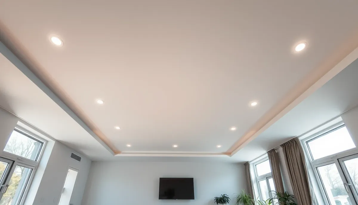 Plafond suspendu en plaques de plâtre avec spots encastrés dans un salon moderne