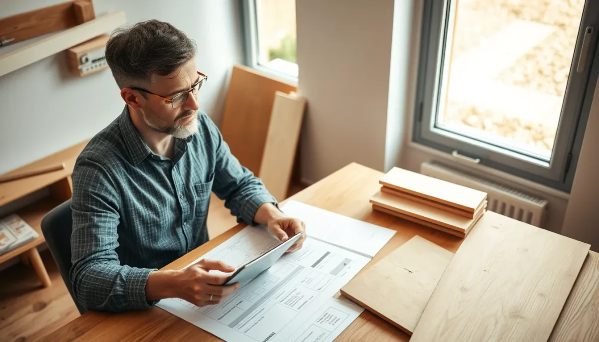 Propriétaire calculant le reste à charge de travaux de plâtrerie avec devis et échantillons