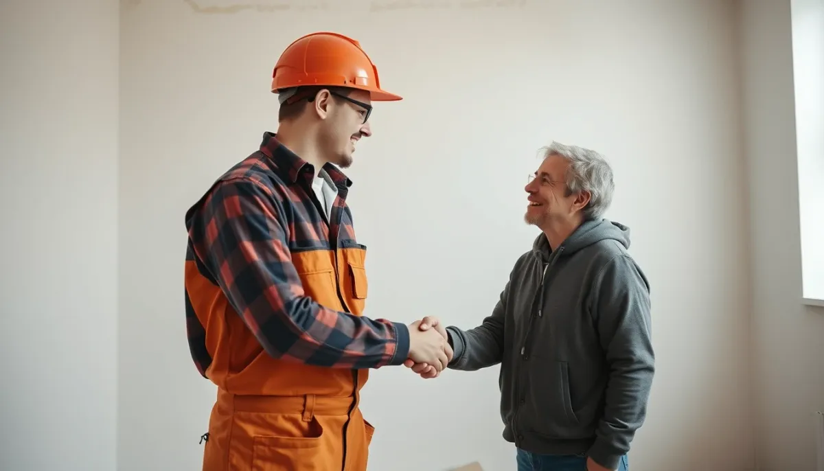 Plaquiste et client se serrant la main dans une pièce rénovée avec cloisons neuves